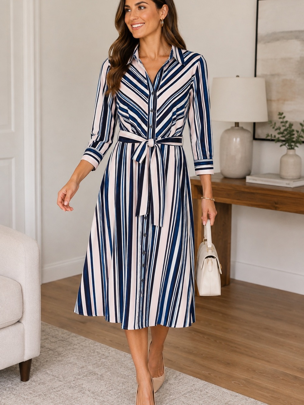 Maggy London Blue Pink Striped Belted Shirt Dress Size 2
